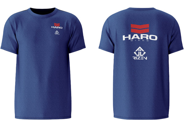 haro t-shirt front and back blue, rizen tshirt, custom tshirts, custom shirts, custom print tees, team tees, bmx tees, mx tees, mtb tees, blue tee