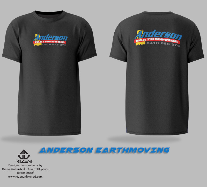 ANDERSON_EARTH_MOVING_TEE_BLACK FRONT AND BACK, Rizen tees, rizen t-shirts, custom tees, custom print tees, custom print tshirts, custom print tee, black tees, 