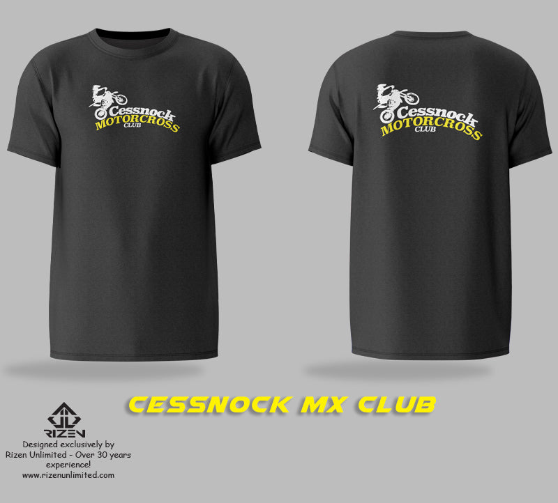 CESSNOCK_MX_CLUB_TEE_BLACK_25AUGUST2023 FONT AND BACK, Rizen tees, rizen t-shirts, custom tees, custom print tees, custom print tshirts, custom print tee, black tees, 