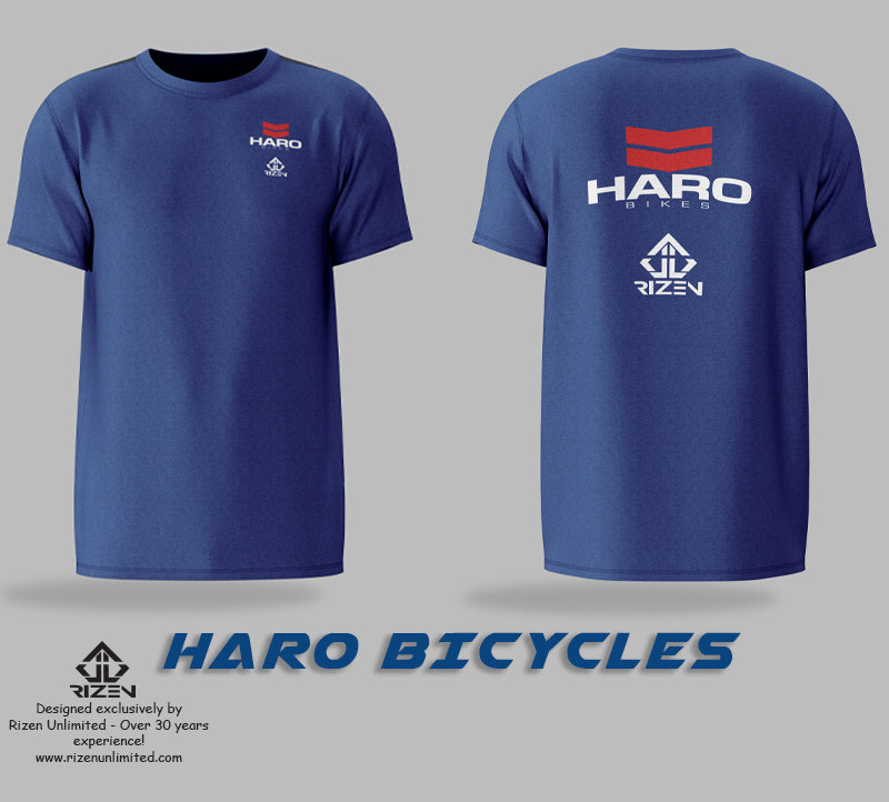 Haro tshirt blue front and back, Rizen tees, rizen t-shirts, custom tees, custom print tees, custom print tshirts, custom print tee, blue tees, 