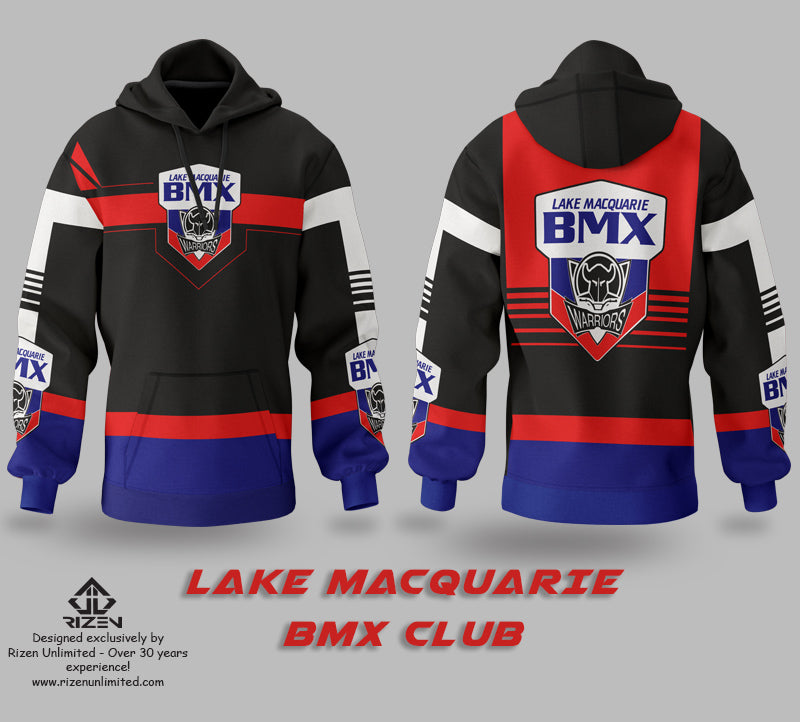 LAKE_MACQUARIE_BMX_CLUB_RIZEN_HOODIE FRONT AND BACK, Custom hoodie front and back, custom hoodie, custom sublimated hoodie, custom cotton hoodie, screen printing, screen printing services