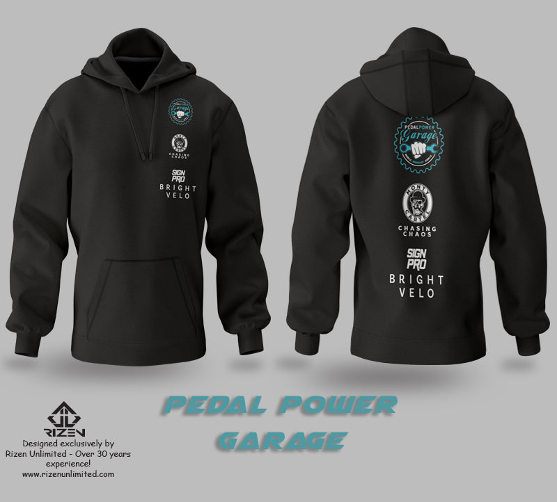 Pedal Power Garage _RIZEN_HOODIE FRONT AND BACK, Custom hoodie front and back, custom hoodie, custom sublimated hoodie, custom cotton hoodie, screen printing, screen printing services