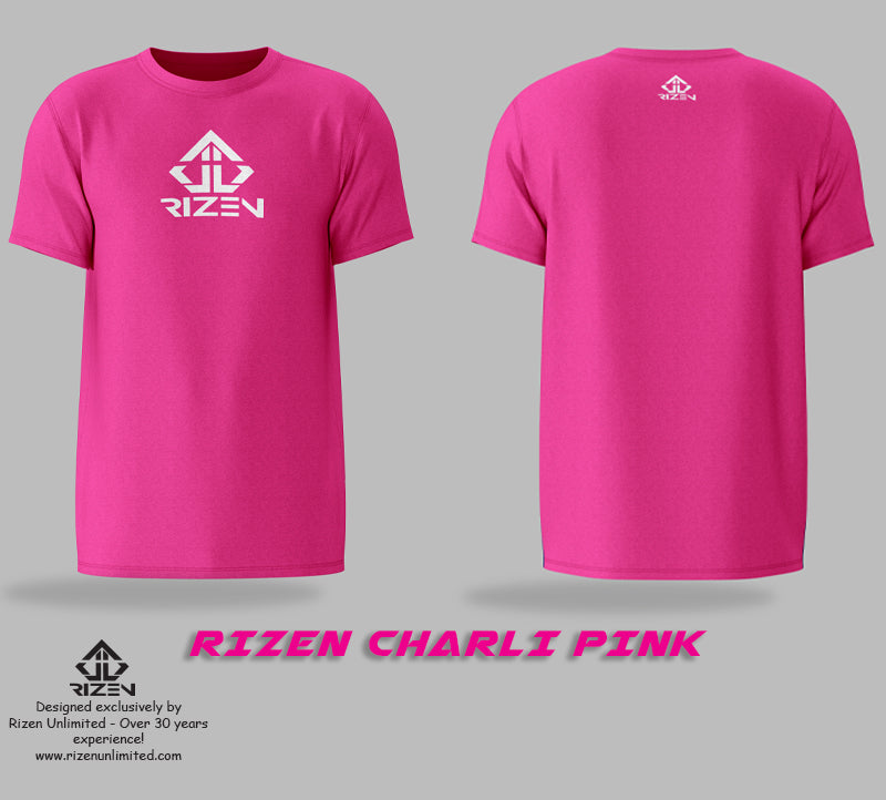 Rizen logo tee pink front and back, Rizen tees, rizen t-shirts, custom tees, custom print tees, custom print tshirts, custom print tee, pink tees, 